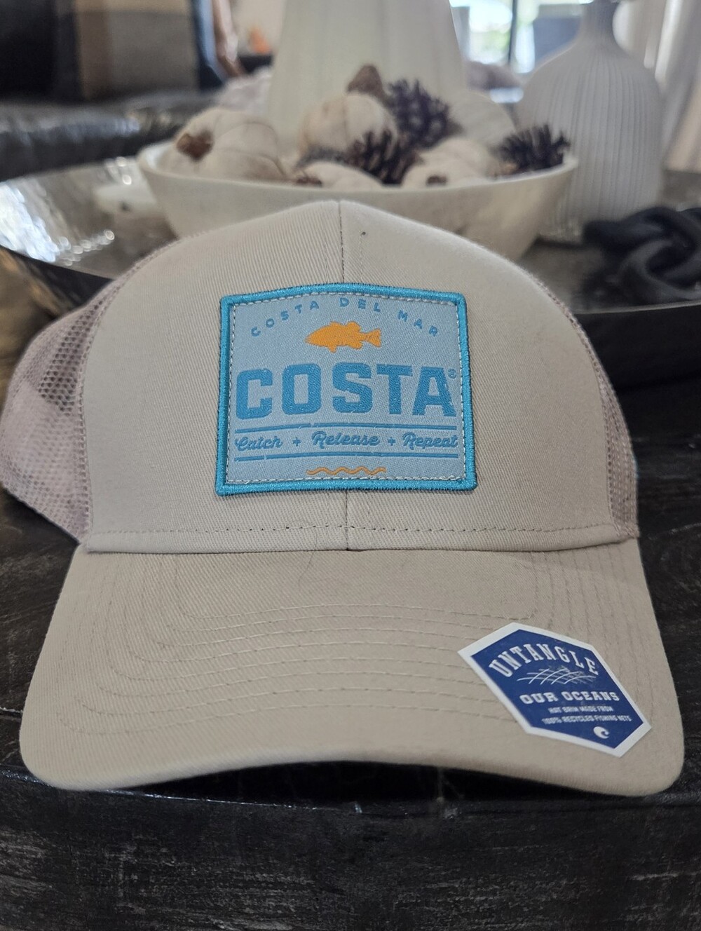 Costa Khaki Trucker Hat with Turquoise Patch